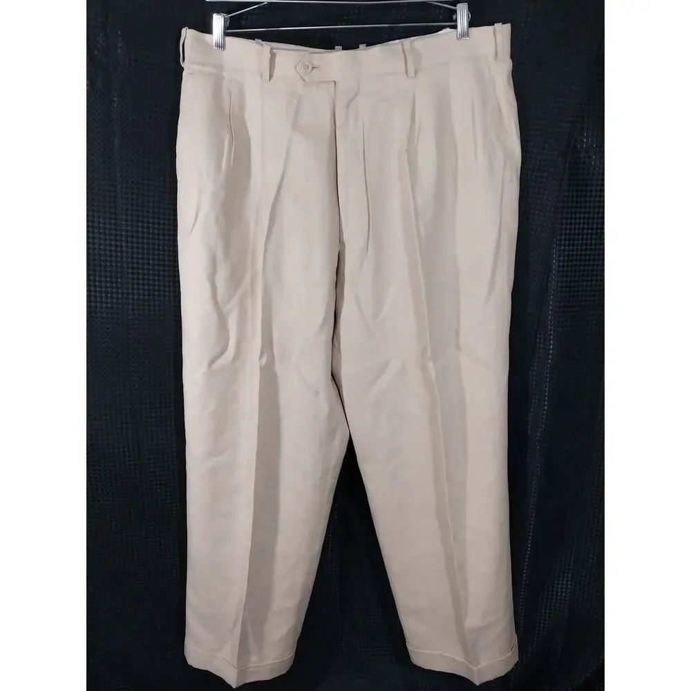 INSERCH! 100% LINEN! NATURAL TAN PLEAT FRONT, CUFFED, WIDE LEG DRESS PANTS! 42W